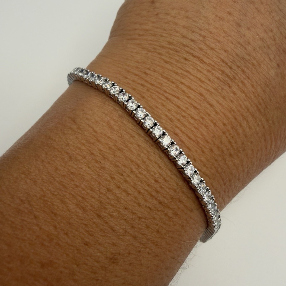 Vintage 925 Sterling Silver Bracelet Cubic Zirconia Tennis Style 7.25 in